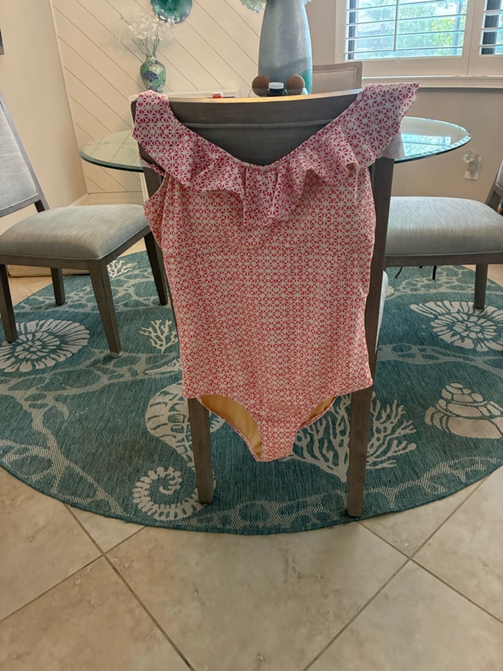 Cabana Life Ruffled One-Piece Swimsuit in Pinkish/Red Geometric Print XL